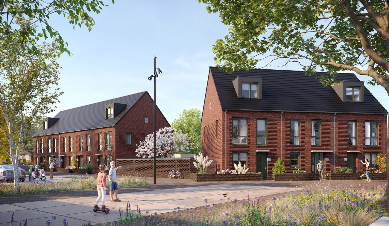 Impressie van het nieuwbouwproject Land van Anna in Goirle, met spelende kinderen in een groene, kindvriendelijke woonwijk met moderne woningen.