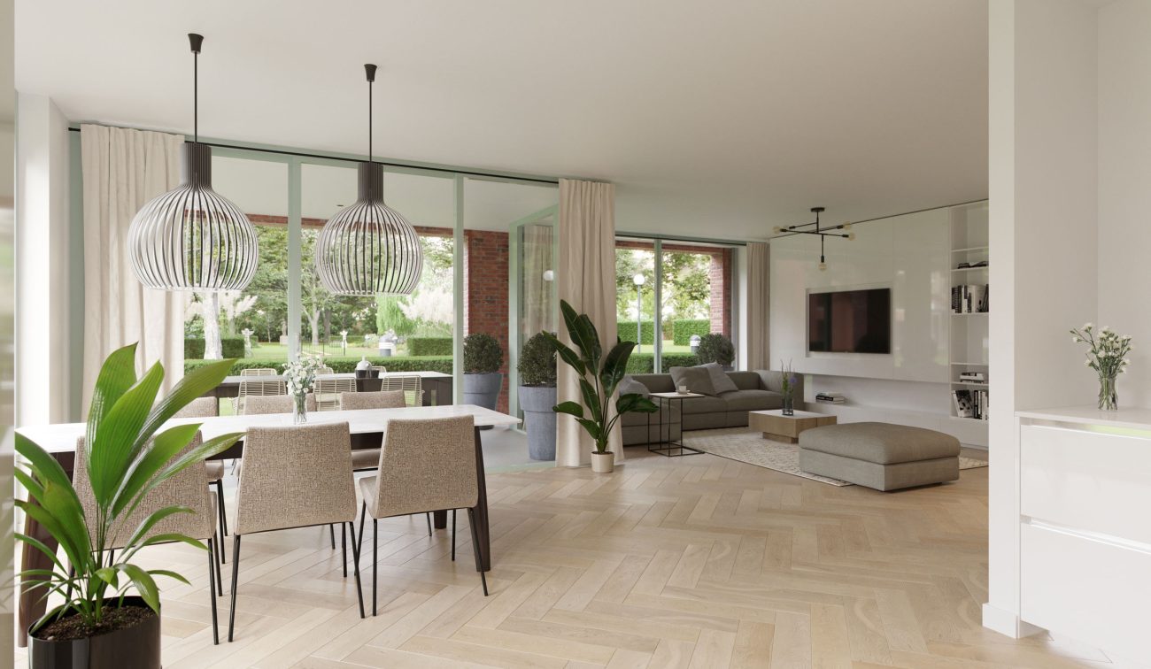 Impressie van de woonkamer in het nieuwbouwproject met 60 appartementen aan de Kloosterstraat in Tilburg, vanuit een andere hoek met zicht op het interieur.