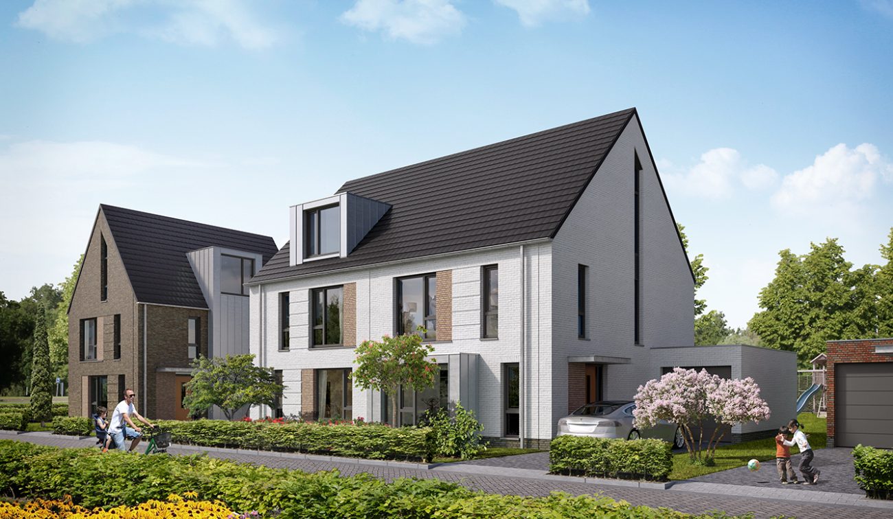 Impressie van een twee-onder-een-kapwoning in De Contreie in Oosterhout, onderdeel van het moderne nieuwbouwproject met ruime gezinswoningen.