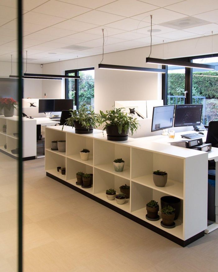 Lichte kantoorruimte met lange hanglampen, werkplekken met monitors en een witte open kast vol plantjes; door de ramen is een groene haag zichtbaar.