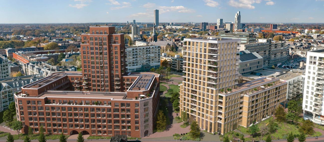 Woontorens en appartementencomplexen in ontwikkeling binnen stedelijke woonwijk in Koningswei Tilburg