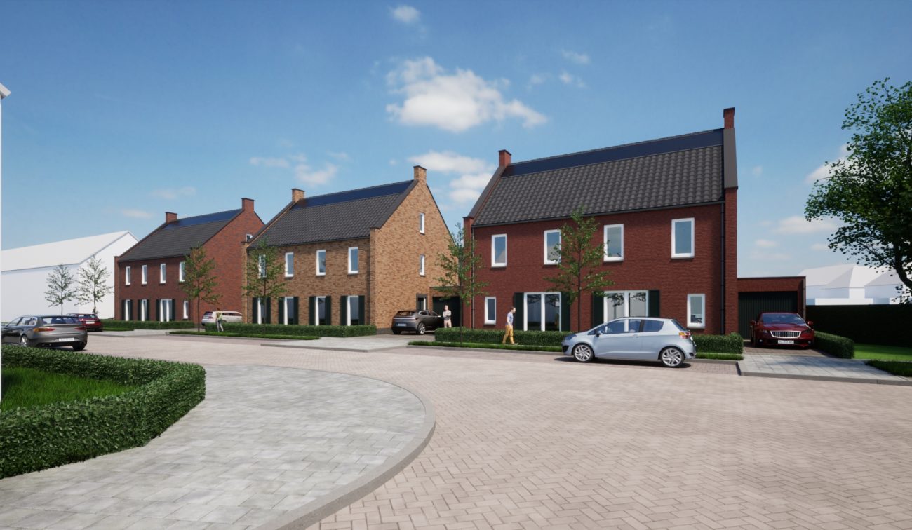 Straatbeeld impressie herontwikkeling De Molensteen Valkenswaard met rijwoningen in baksteen, donkere zadeldaken en geparkeerde auto’s op een rustig hofje onder een zonnige lucht.