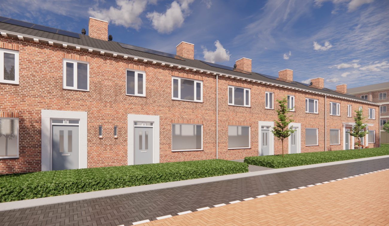 Impressie van een straat nabij het Bernadusplein in Tilburg, met vernieuwde woningen en groen na de uitvoering van het groot onderhoud.