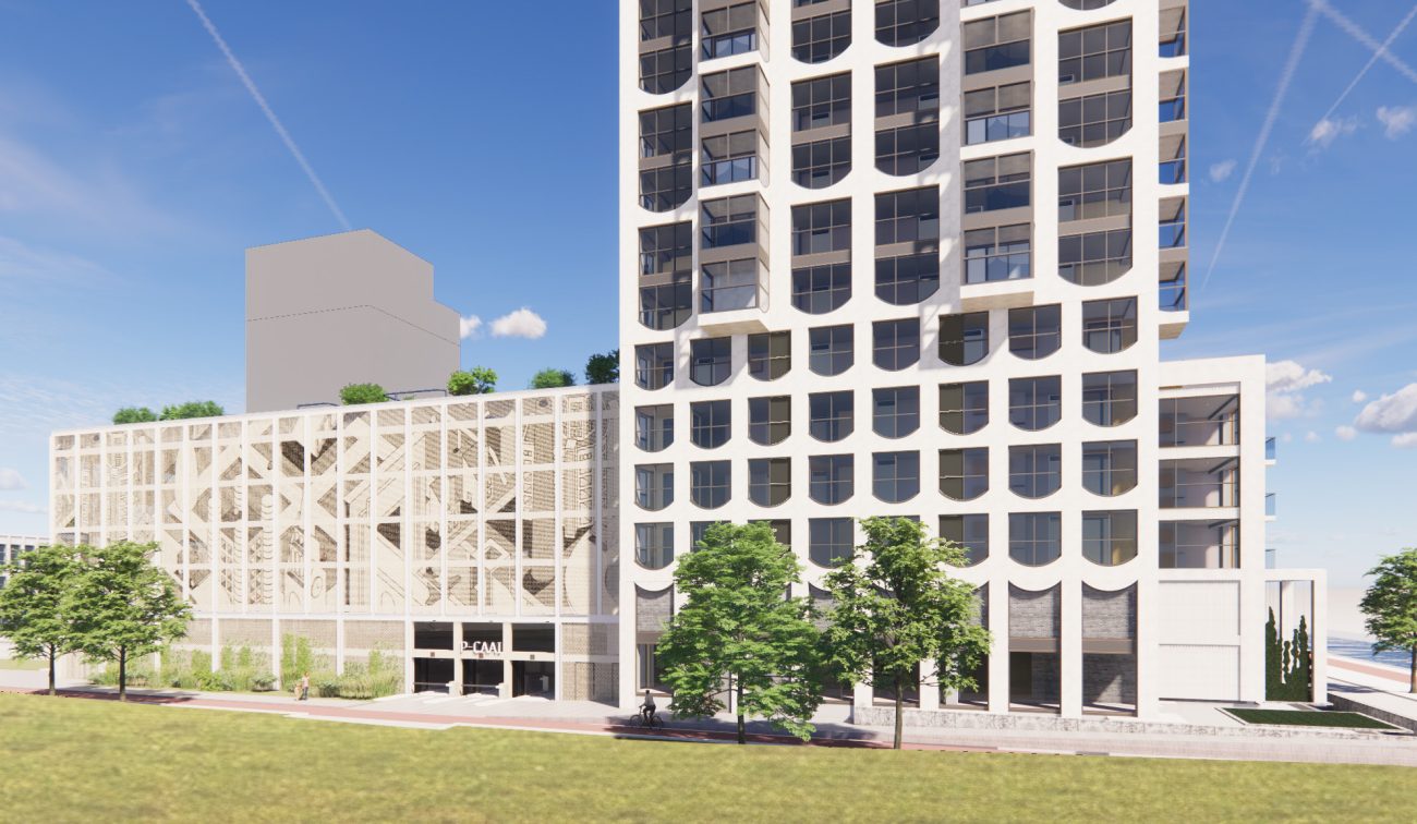 Impressie van de parkeergarage van nieuwbouwproject De Caai, gezien van een afstand met zicht op de omliggende gebouwen en groene openbare ruimte.