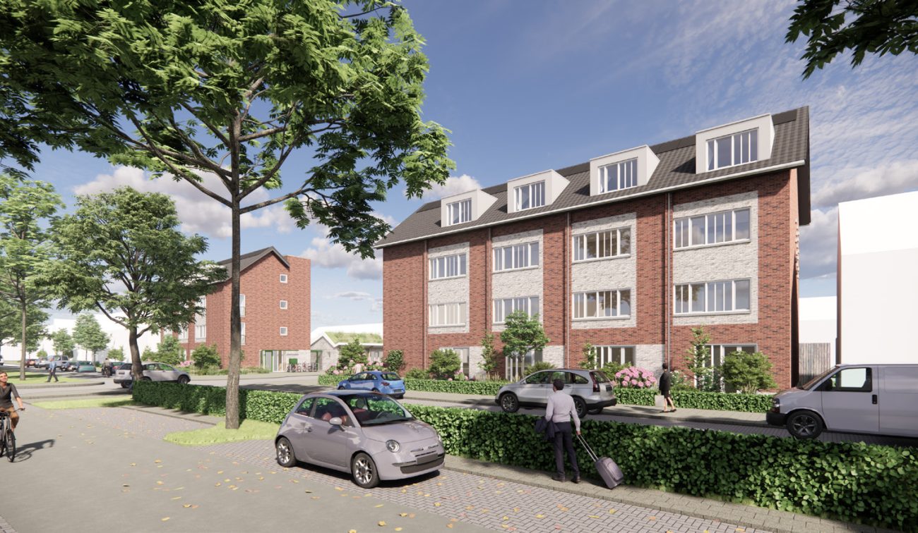Impressie van het nieuwbouwproject Voetnoodt met eigentijds ontworpen appartementencomplex, voorzien van ruime balkons en groene buitenruimte.
