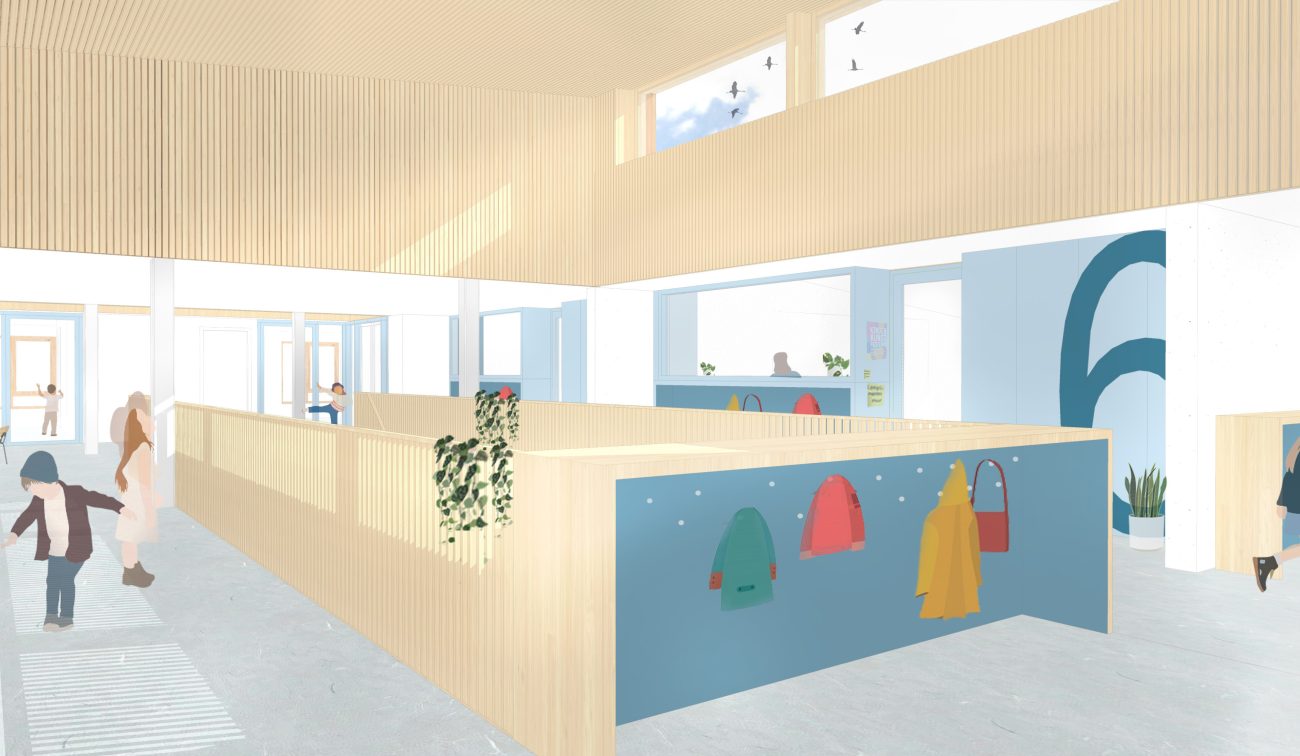 Interieur Antoniusschool Zundert: Impressie van licht atrium met hout, blauwwand kapstokken en spelende kinderen
