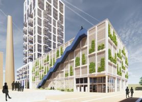 Impressie van de nieuw te bouwen parkeergarage bij project De Caai, met moderne architectuur en groene gevels passend in de stedelijke omgeving.