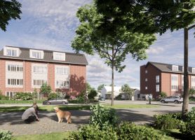 Impressie van de zijkant van het nieuwbouwproject Voetnoodt met het appartementencomplex en naastgelegen bungalows in een groene omgeving