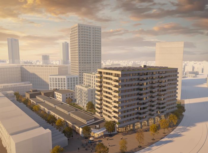 Impressie van de nieuwbouwtoren bij het TAC-terrein in Eindhoven, een modern appartementengebouw in stedelijke omgeving met hoge torens en avondzon.