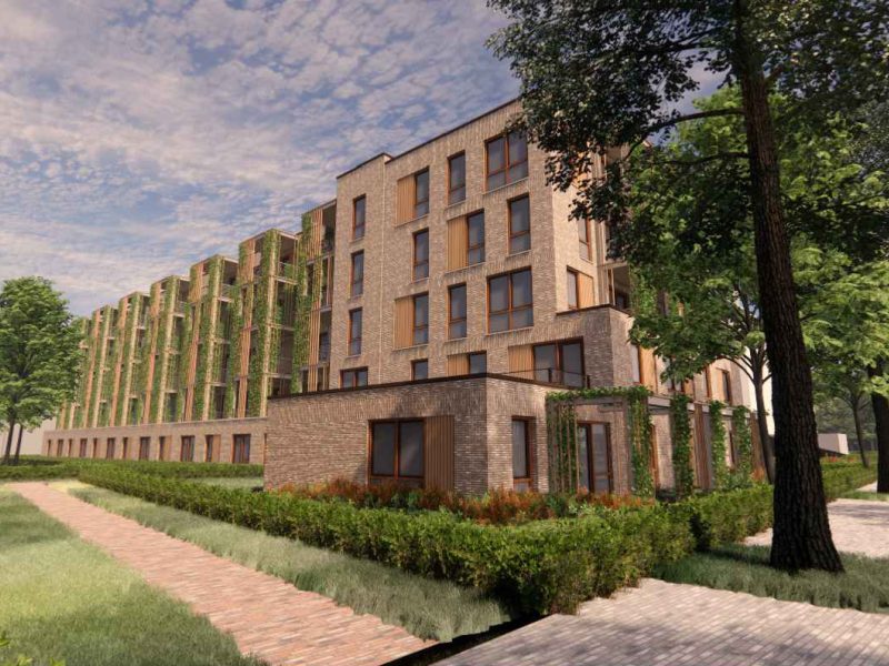 Impressie van de nieuwbouw aan de Hertoglaan in Vught, met een duurzaam ontwerp, groene gevels en ruime wandelpaden in een groene omgeving.