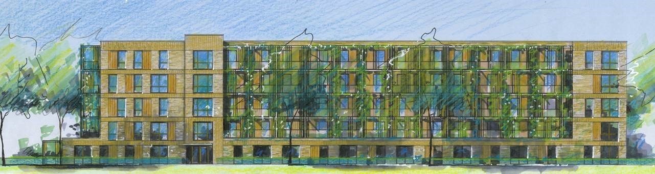 Appartementencomplex met groene balkons en grote raampartijen in architectonische schets