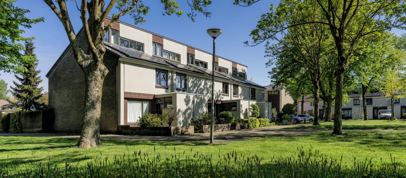 Een rij met huizen met een grasveld ervoor