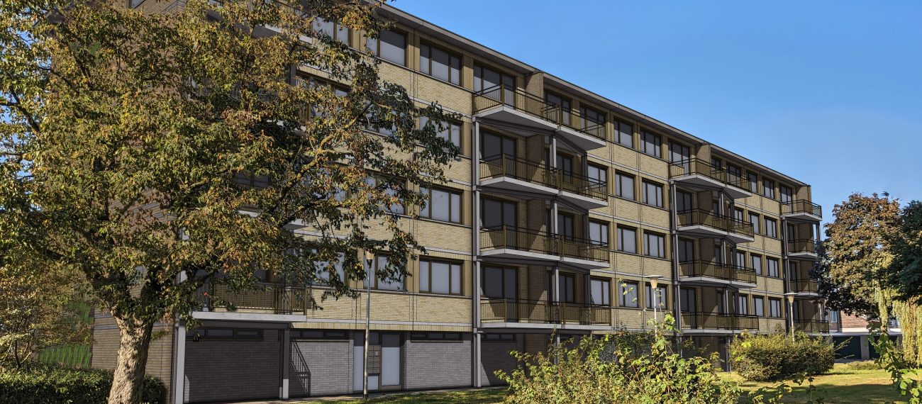 Impressie van de Prontoflats in Helmond met vernieuwde gevels en woonlagen na uitvoering van het groot onderhoudsproject.