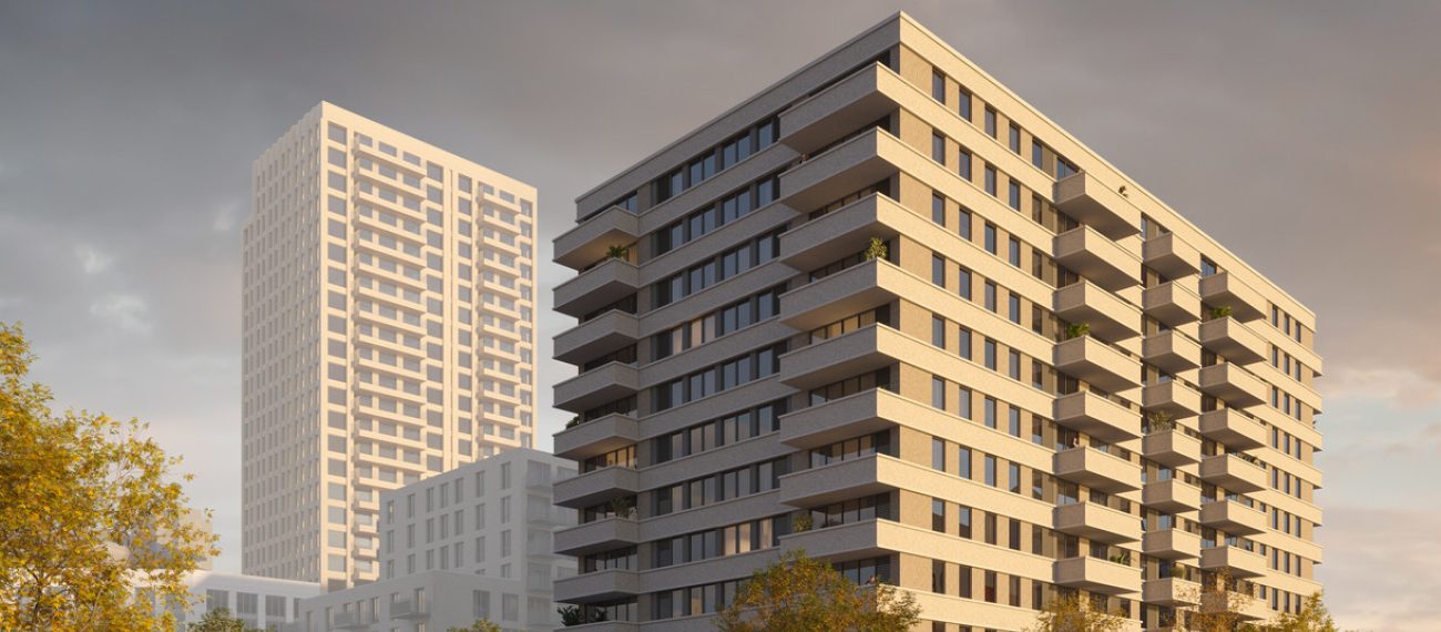 Close-up impressie van de nieuwbouwtoren bij het TAC-terrein in Eindhoven, met moderne gevels, balkons en een warme avondlichtinval.