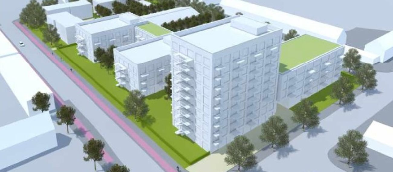 3D-visualisatie van een modern gebouwencomplex met meerdere blokken, groenstroken en omliggende wegen.
