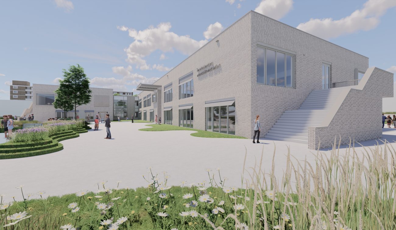 Kernkindcentrum Maastricht-West – impressie van licht bakstenen school met brede buitentrap, grote ramen en groen ingericht plein