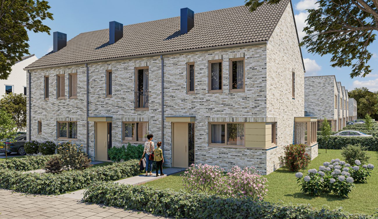 Impressie Molenbeekhof Sittard: rijwoningen in licht metselwerk, kappen, voortuinen en stoep