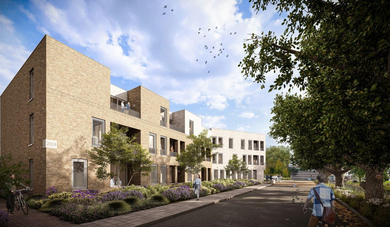 D’r Burggraaf Gulpen – architectuurimpressie van bakstenen woonblok met loggia’s en balkons, groene straat met bomen en voetgangers