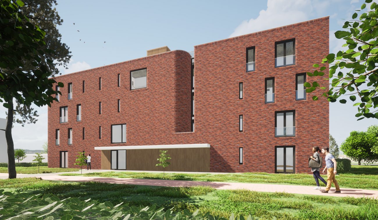 Visualisatie nieuwbouw sociale huur in Margraten, rode baksteen en houten entreegevel.”