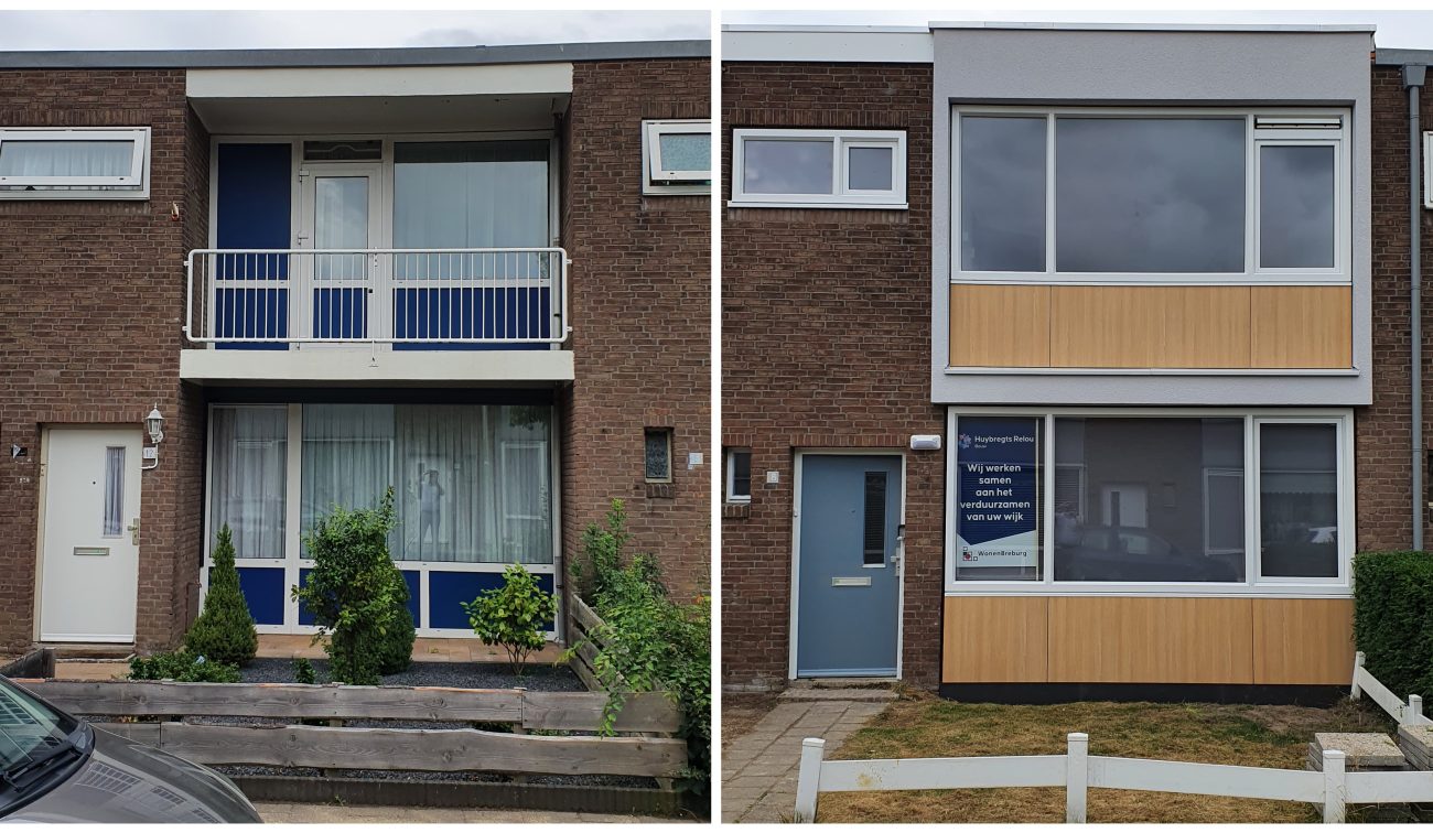 Groot onderhoud Staatsliedenbuurt Tilburg – vergelijking vóór en na gevelrenovatie van een rijwoning: oude blauw-witte gevel met balkon tegenover vernieuwde geïsoleerde voorgevel met houtlook panelen, wit kader en nieuwe kozijnen.