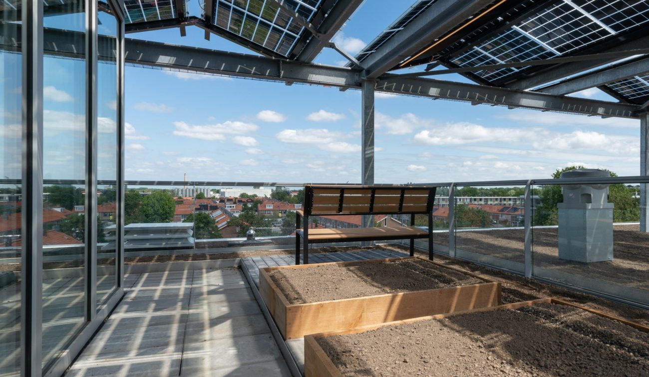 Dakterras van het nieuwbouwcomplex in de Gestelse Buurt in ’s-Hertogenbosch met groene moestuintjes en gemeenschappelijke buitenruimte voor bewoners.