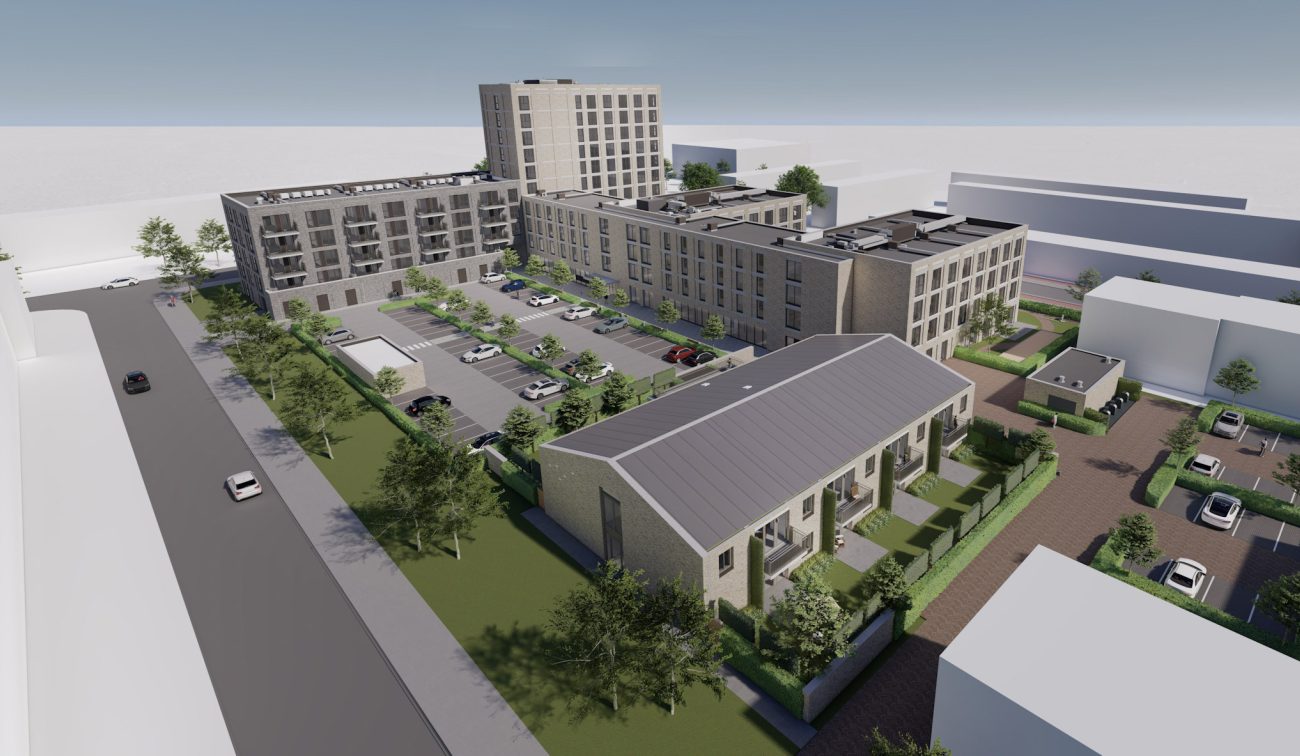 Luchtimpressie van nieuwbouwproject Kievitshorst in Tilburg, met moderne woongebouwen, parkeervoorzieningen en groene tuinen tussen de woningen.