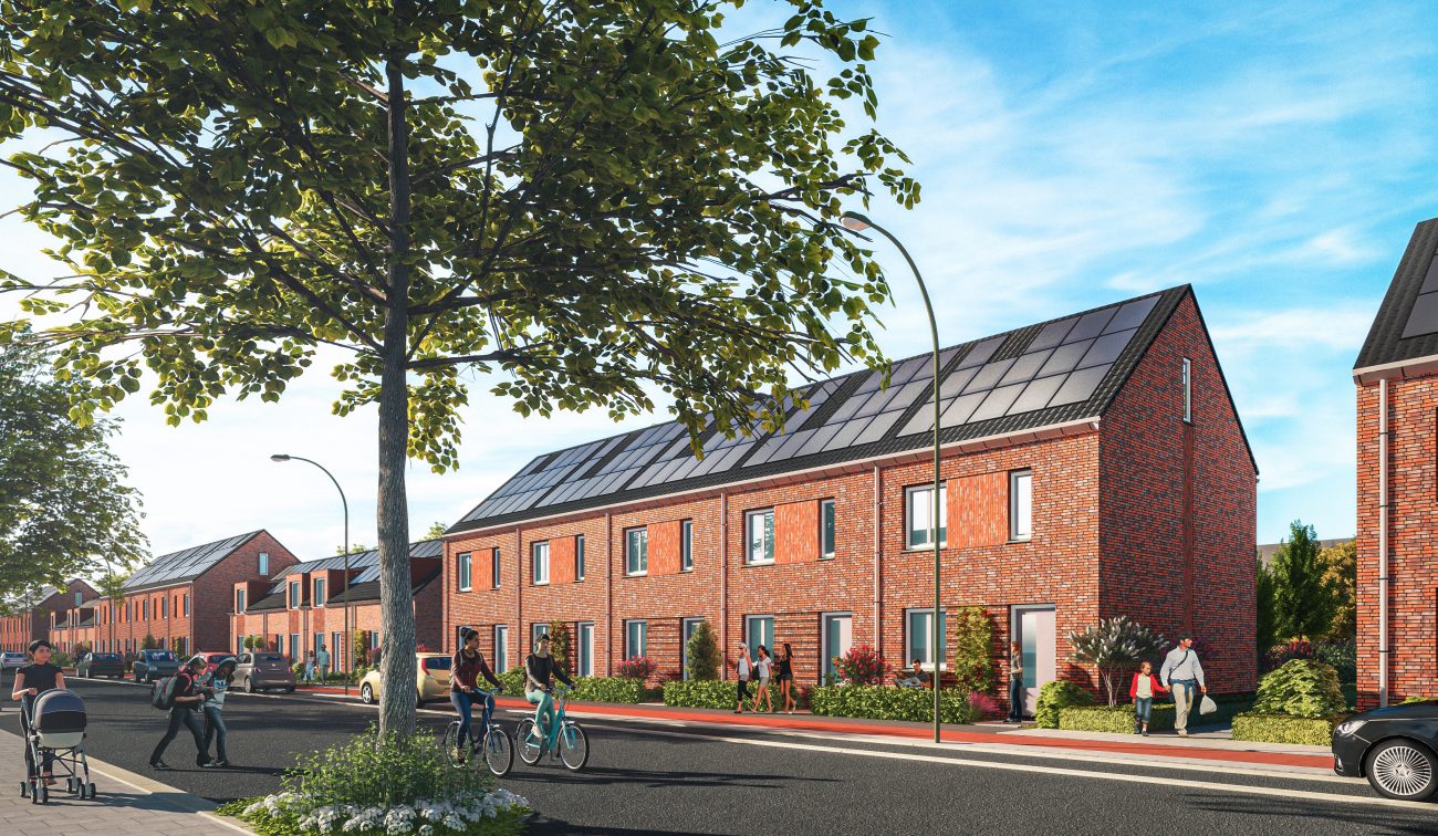 Nieuwbouw Bredeweg Roermond – impressie van rijwoningen in rood baksteen met zonnepanelen, straatbeeld met fietsers en voetgangers