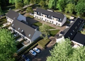 Luchtimpressie van de nieuwbouwwijk Houtens in Son, met duurzame woningen, groene inrichting en overzicht van de woonomgeving.