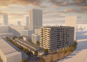Impressie van de nieuwbouwtoren bij het TAC-terrein in Eindhoven, een modern appartementengebouw in stedelijke omgeving met hoge torens en avondzon.