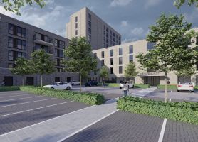 Architectonische impressie van nieuwbouwproject Kievitshorst in Tilburg, met moderne appartementencomplexen rond een parkeerterrein met jonge bomen en geparkeerde auto’s