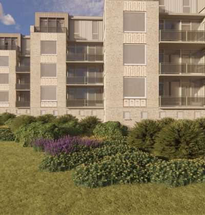Impressiefoto van de zijkant van de Grijpmaflats in Eindhoven na groot onderhoud en optopping.