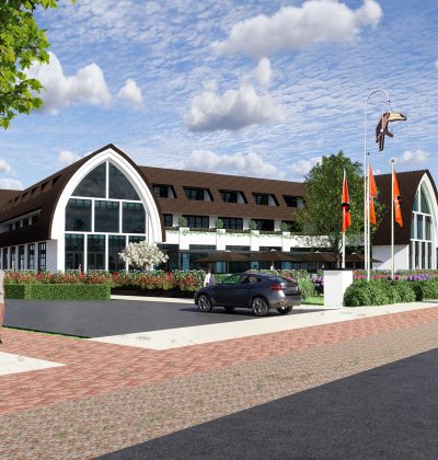 Impressie van de hoofdentree van het nieuw gebouwde Van der Valk Exclusief Hotel Gouden Leeuw in Voorschoten, met moderne architectuur en glazen gevel.