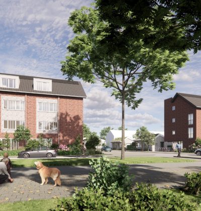 Impressie van de zijkant van het nieuwbouwproject Voetnoodt met het appartementencomplex en naastgelegen bungalows in een groene omgeving