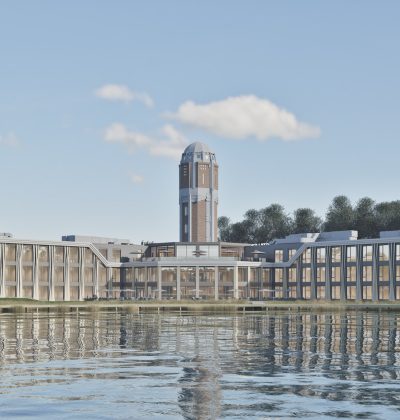 Impressie Postillion Hotel Breda-Biesbosch – nieuwbouw aan het water met glazen gevels en de iconische watertoren centraal.