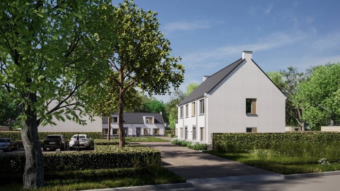 Straatimpressie van het nieuwbouwproject Houtens in Son, met eigentijdse woningen, groene inrichting en een rustige woonstraat.