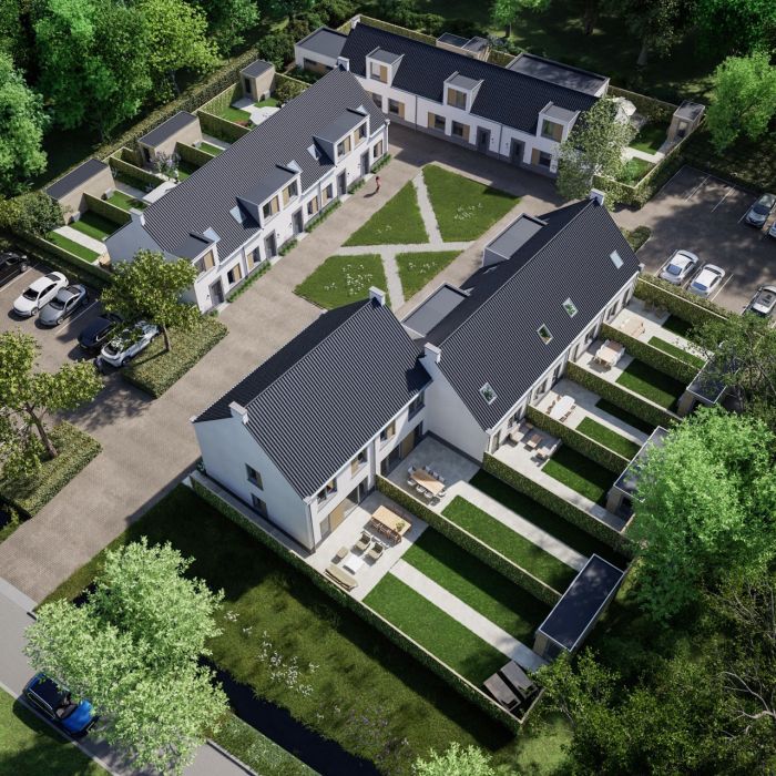 Luchtimpressie van de nieuwbouwwijk Houtens in Son, met duurzame woningen, groene inrichting en overzicht van de woonomgeving.