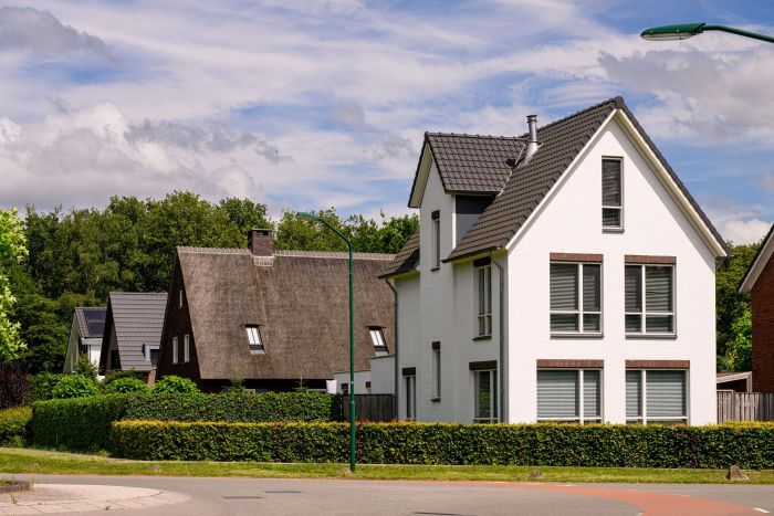 Vrijstaande nieuwbouwwoningen in Kloostervelden in Sterksel met moderne en landelijke architectuur, omgeven door groen.