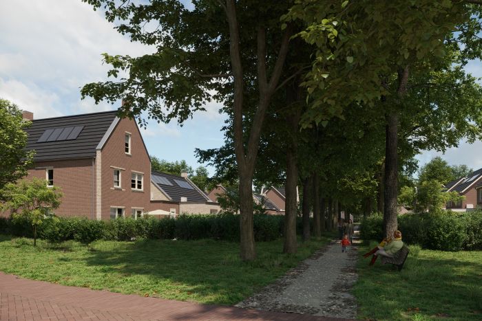 Impressie van nieuwbouwwoningen aan groene, boomrijke laan in Bosrijk Mariendaal, Velp.