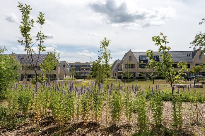 Groen veld met het nieuwbouwcomplex van de Grote Zeeheldenbuurt in Vught op de achtergrond, onderdeel van de nieuwe woonomgeving.