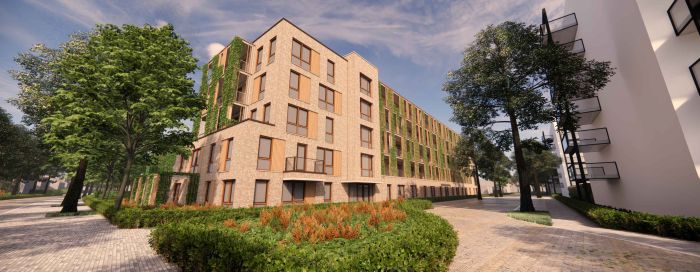Impressie van de nieuwbouw aan de Hertoglaan in Vught vanuit een andere hoek, met zicht op de duurzame gevels, bomen en wandelpaden rondom het gebouw.