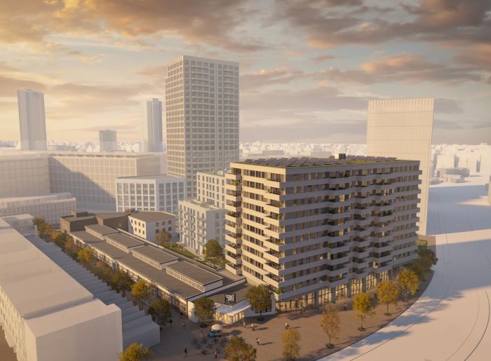 Impressie van de nieuwbouwtoren bij het TAC-terrein in Eindhoven, een modern appartementengebouw in stedelijke omgeving met hoge torens en avondzon.