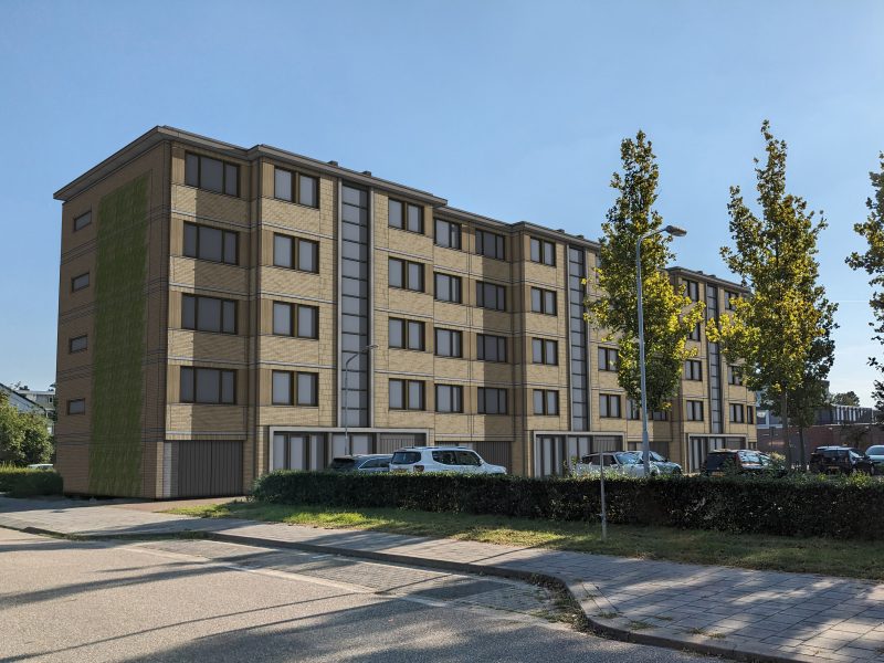 Impressie van de vernieuwde Prontoflats in Helmond, met zicht op de gevels en buitenruimte na afronding van het groot onderhoudsproject.