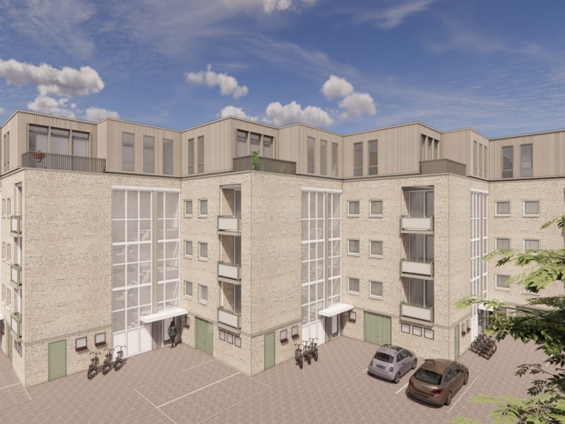 Impressie van het groot onderhoud en de optopping van de Grijpmaflats in Eindhoven, met een beeld van de toekomstige uitstraling van de flats.