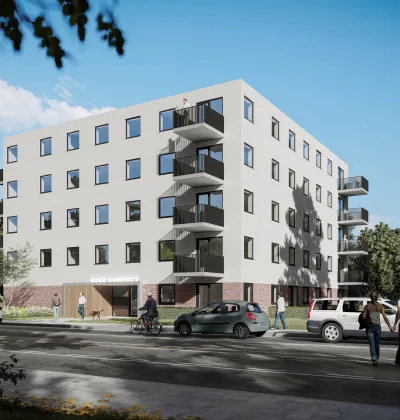 Appartementengebouw met witte gevel, hoekbalkons en grote ramen langs straat